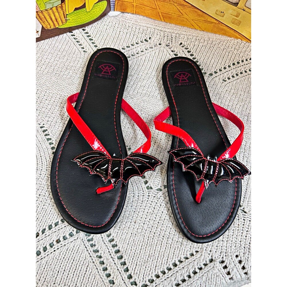Strange Cvlt Betty Bat Red Patent Black Thong Sandals Flip Flops Goth Womens 9